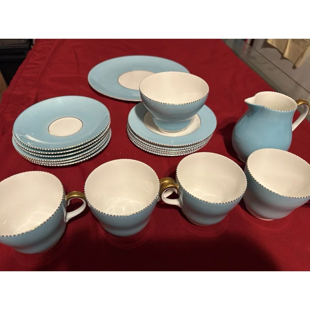 Wedgwood W4143 Sky Blue Gold Beaded Tea Set Fine Bone China England - 20 Pcs